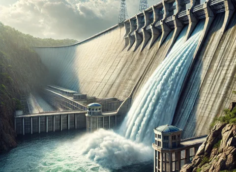 DALL·E 2024-08-10 20.15.02 – A detailed image of a large dam holding back a vast body of water. The dam is built with sturdy concrete, showcasing its immense size and strength. Th DALL·E 2024-08-10 20.15.02 - A detailed image of a large dam holding back a vast body of water. The dam is built with sturdy concrete, showcasing its immense size and strength. Th